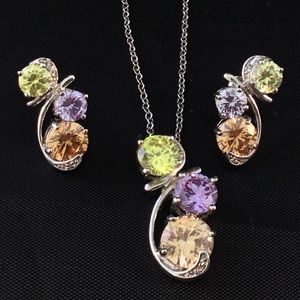 Necklace ER Set No Tarnish Sterling Silver CZ Pendant Earrings
